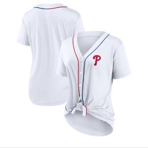 Women's Fanatics Branded White Phillies Dugout Tie Front V-Neck Jersey Large